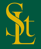 Gold “SL” monogram on a dark green background