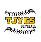 TJGS Softball logo with yellow text and black stitched softball seams on a white background
