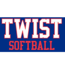 TWIST SOFTBALL logo in white and red on a blue background