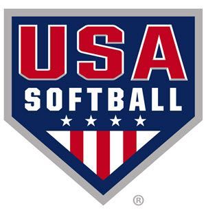 USA Softball shield logo in red, white, and blue with stars and stripes
