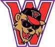 Cartoon bulldog mascot in a red cap, peeking through a large red-and-white “W” logo