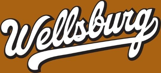 White “Wellsburg” script logo on a brown background, with a black outline and underline.