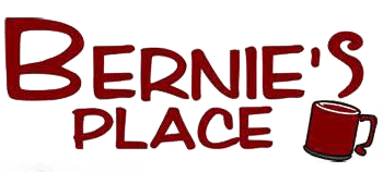 a logo for bernie 's place with a red mug