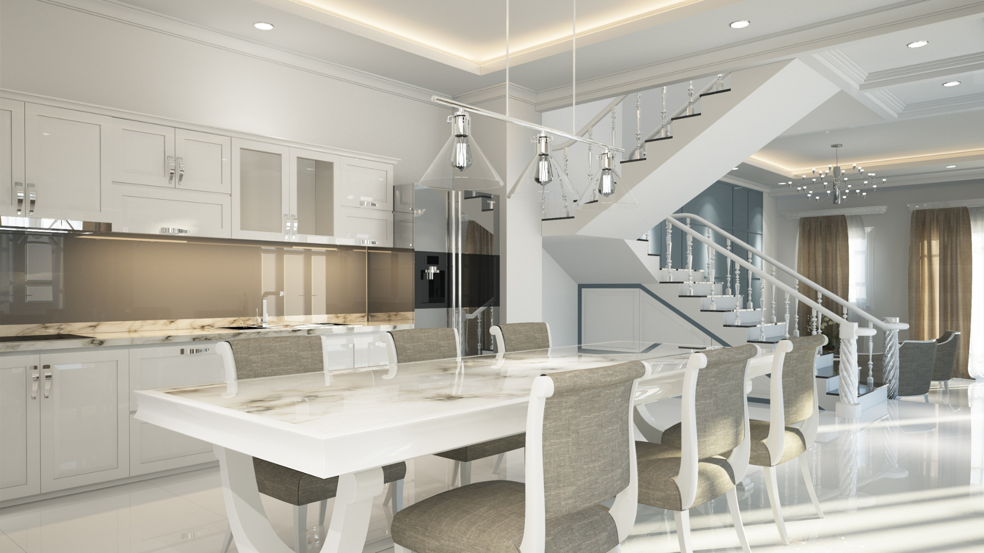 A kitchen and dining room in a house with a table and chairs.