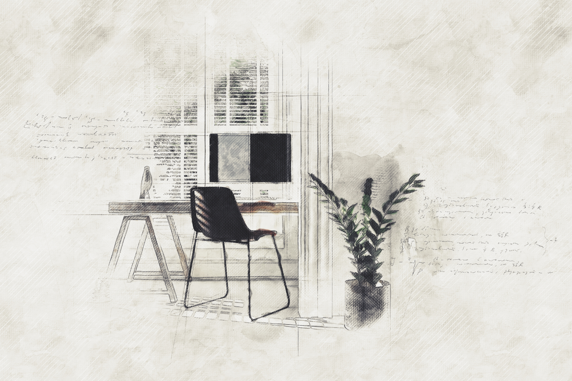 A mock-up drawing of a desk with a chair and a computer on it.