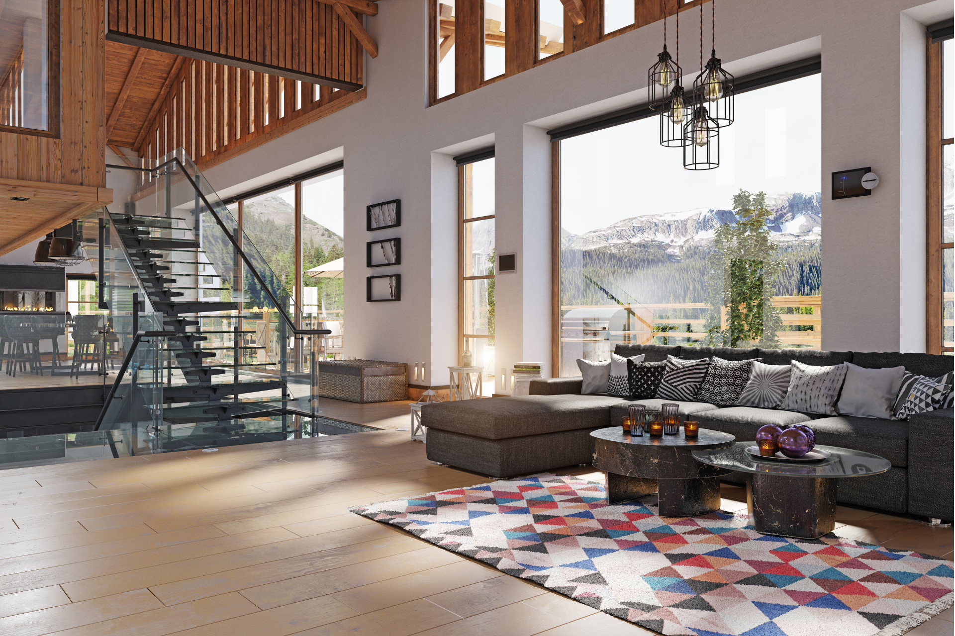 A living room with a couch, coffee tables, and stairs.