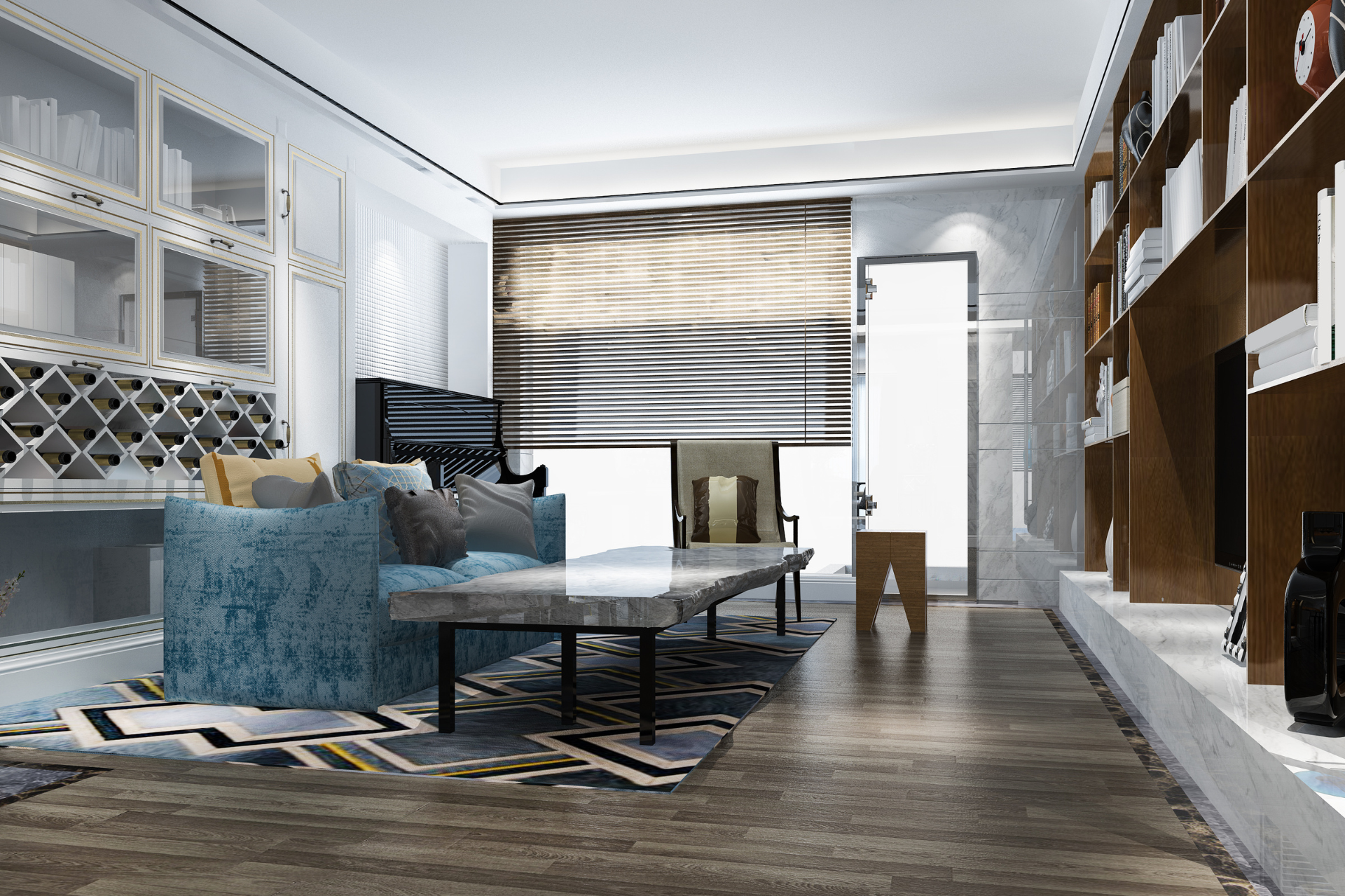 A luxury living room with a blue couch, a coffee table, and a piano.