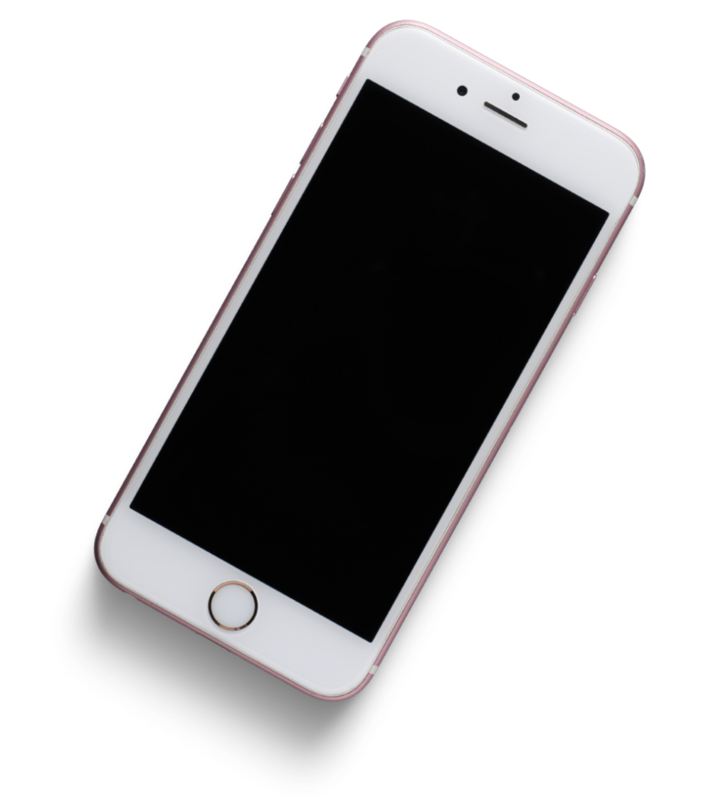 White and rose gold smartphone with a blank black screen.