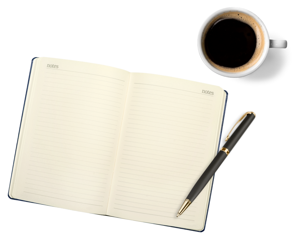 Open notebook with pen beside a cup of coffee on white surface.