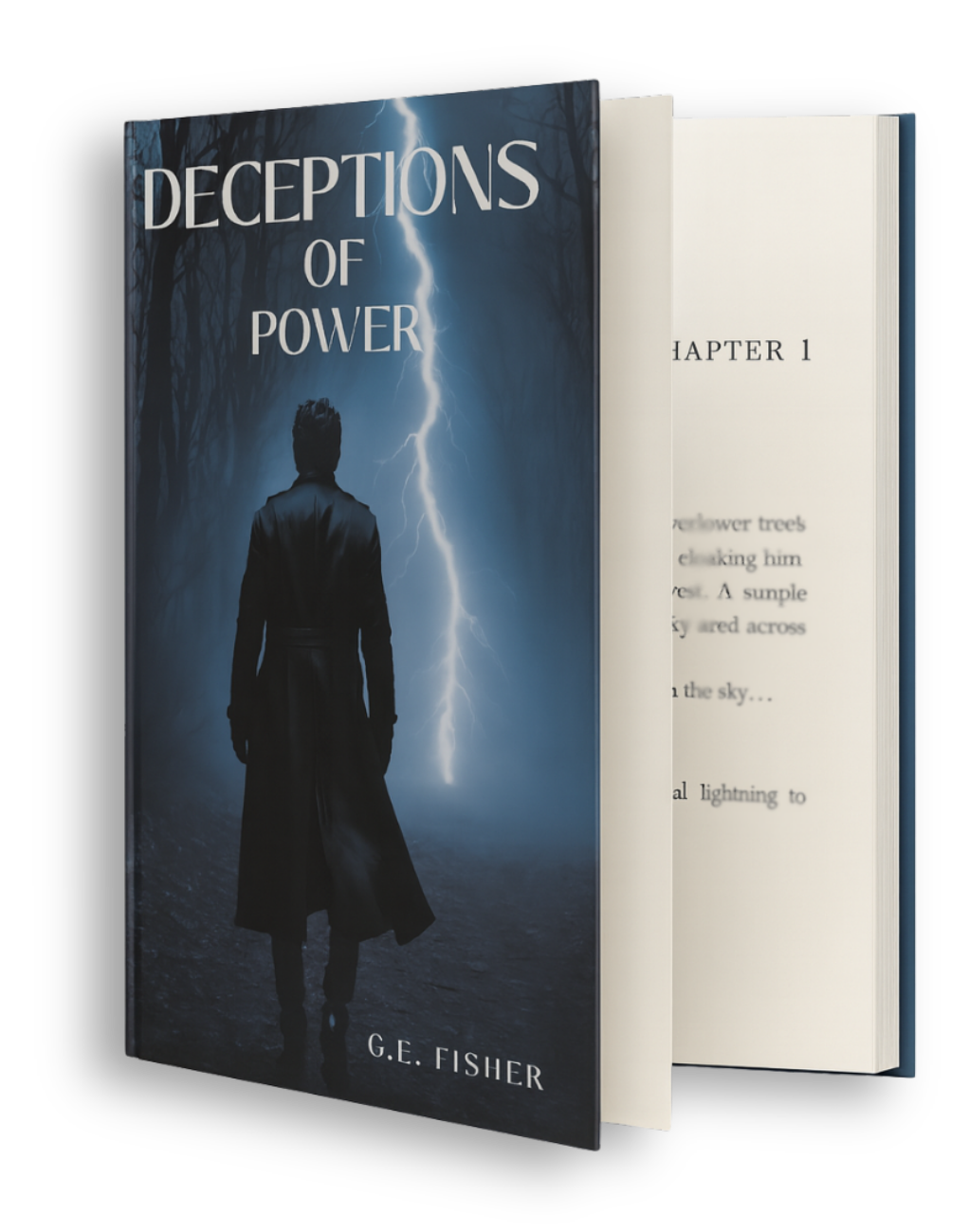 Book cover: Person in trench coat with lightning, 