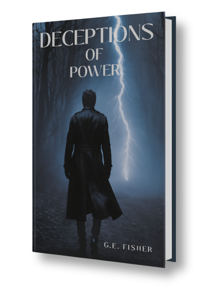Book cover: Man in coat facing lightning. Title: Deceptions of Power. Author: G.E. Fisher. Dark blue setting.