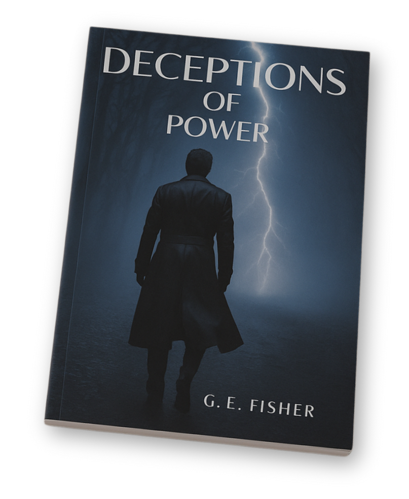 Book cover: Man in coat facing lightning, title 
