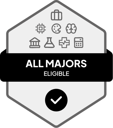 Badge with blue banner: 