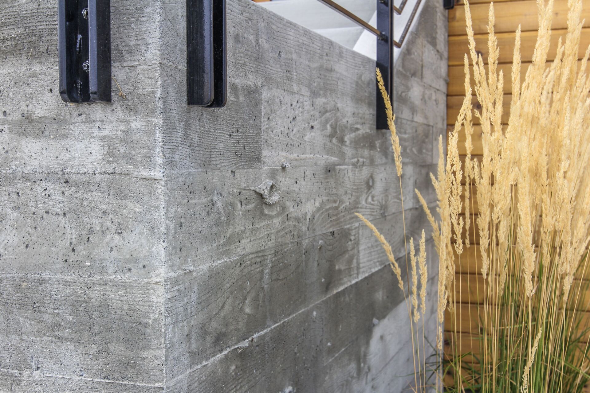 A concrete wall with stairs and tall grass in the background