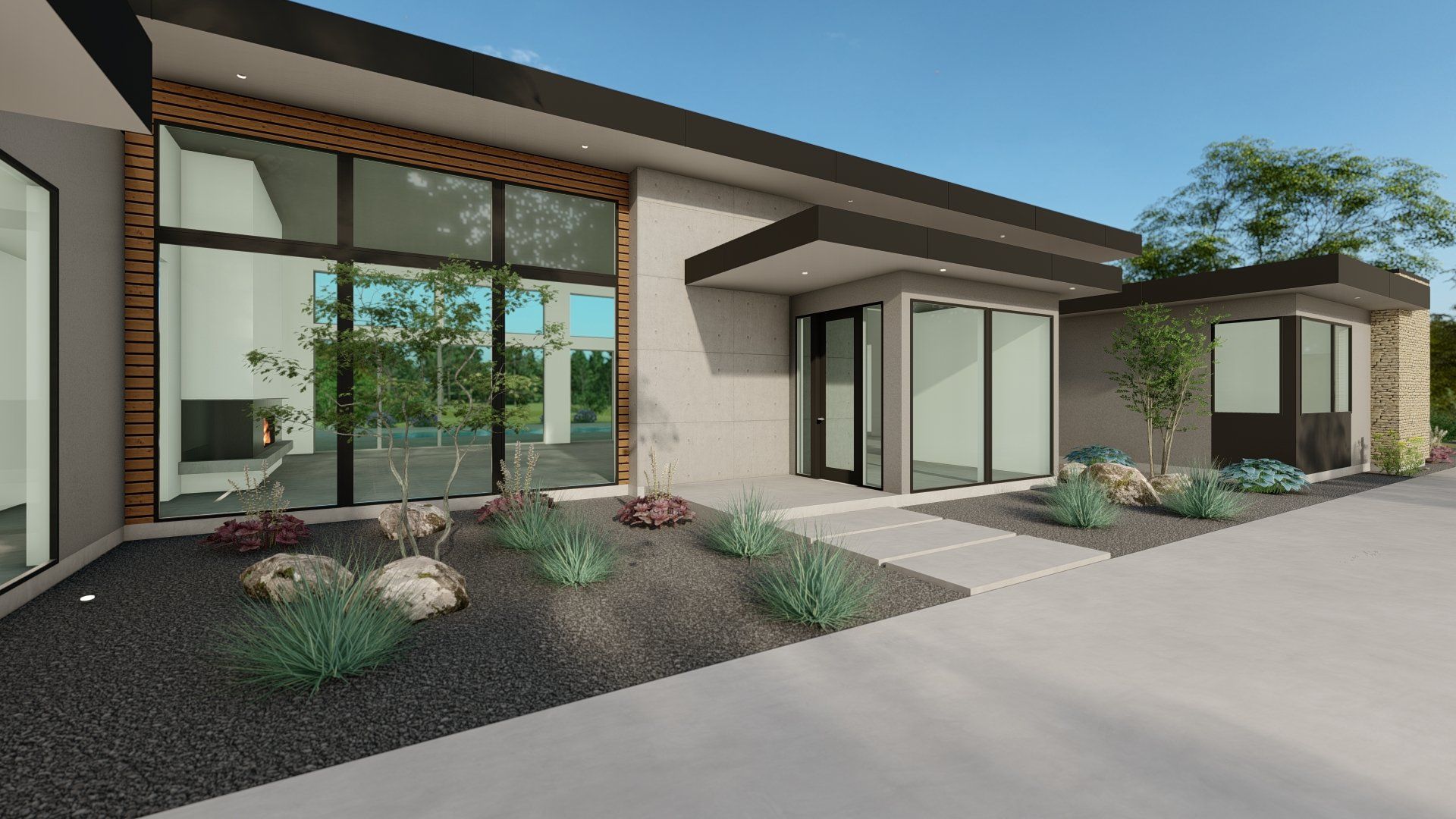 An artist 's impression of a modern house with a lot of windows.