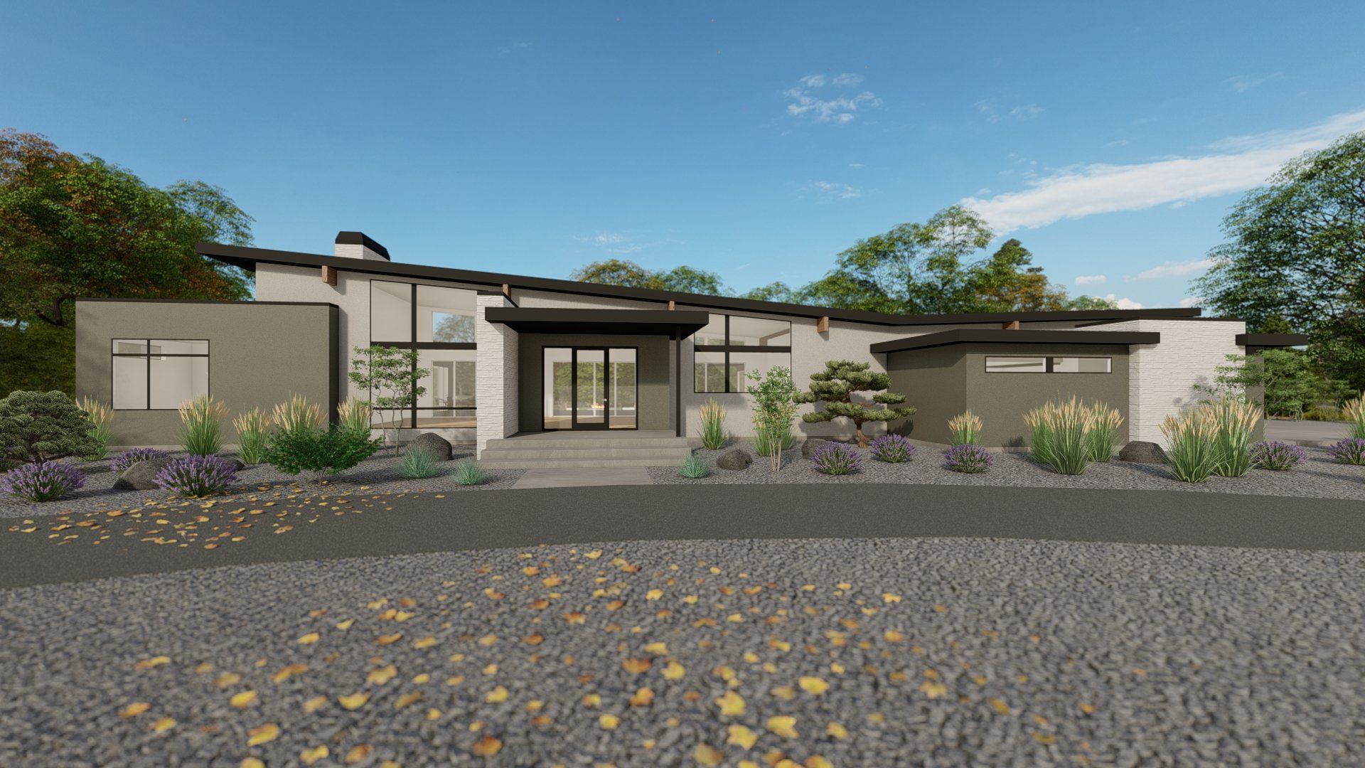 A rendering of a modern house with a lot of windows and trees in the background.