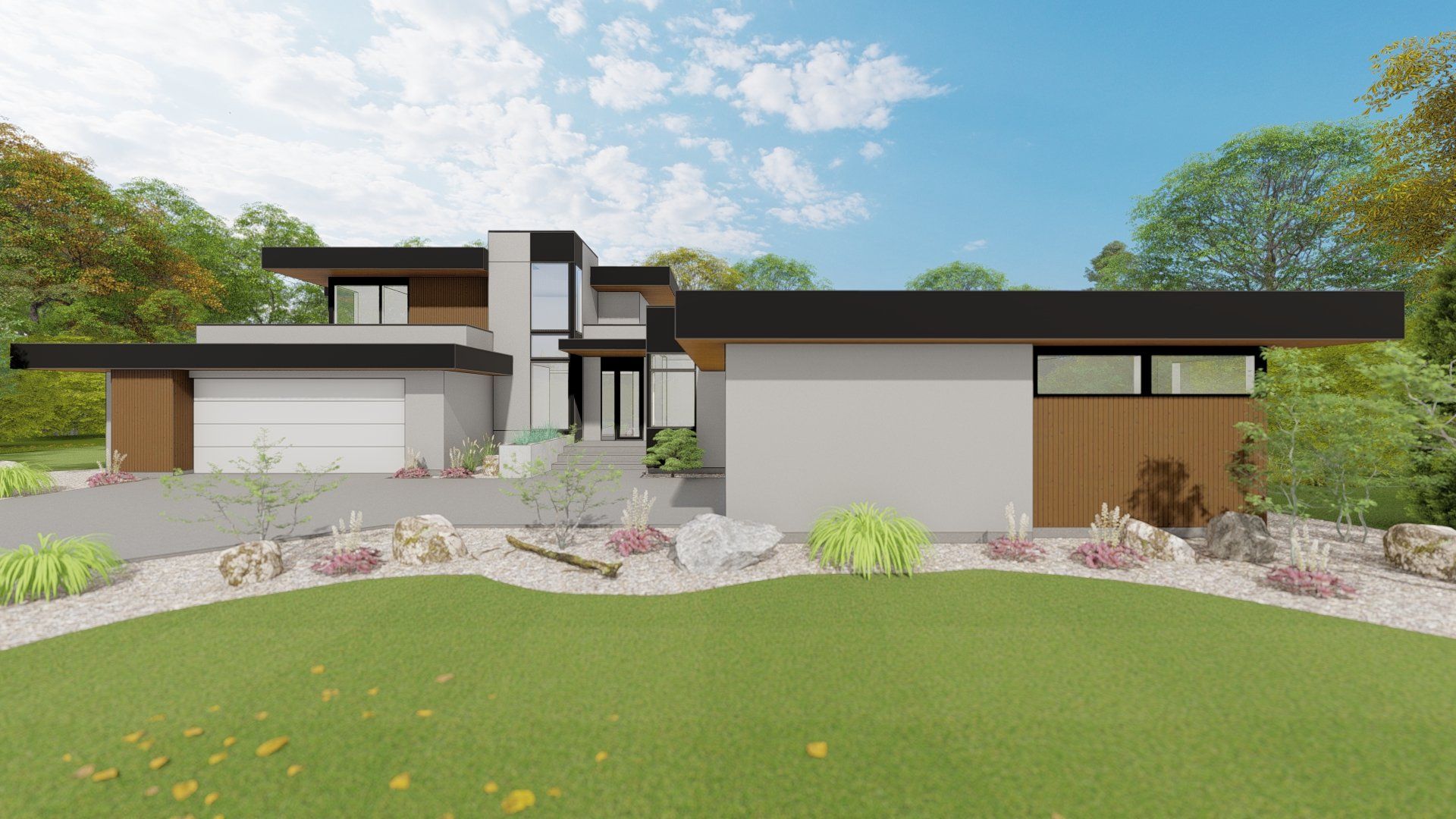 A 3d rendering of a modern house with a large lawn in front of it.
