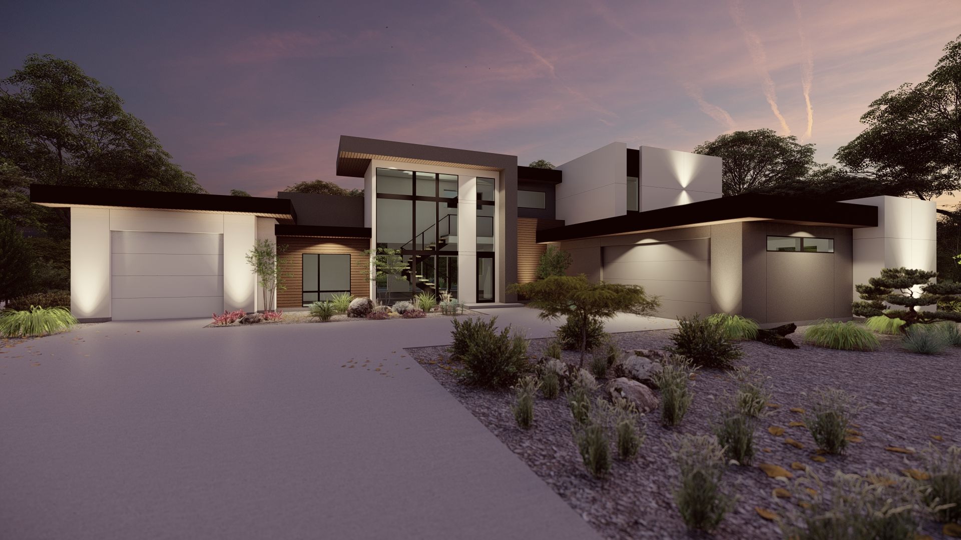 An artist 's impression of a modern house at night.