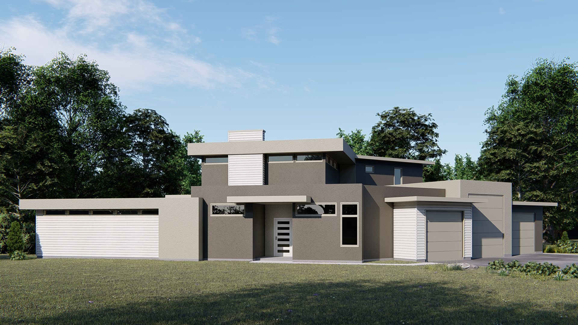 A rendering of a modern house with trees in the background