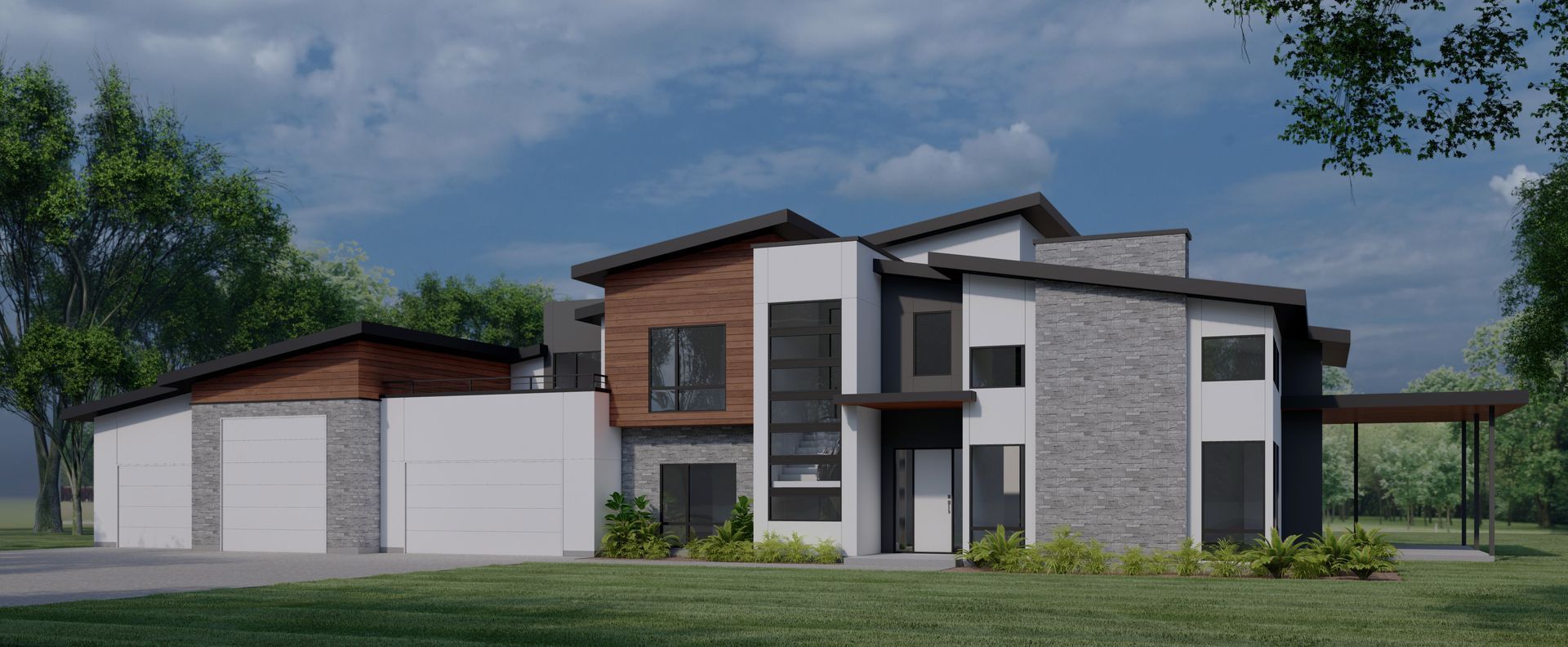 An artist 's impression of a modern house with a lot of windows and trees in the background.