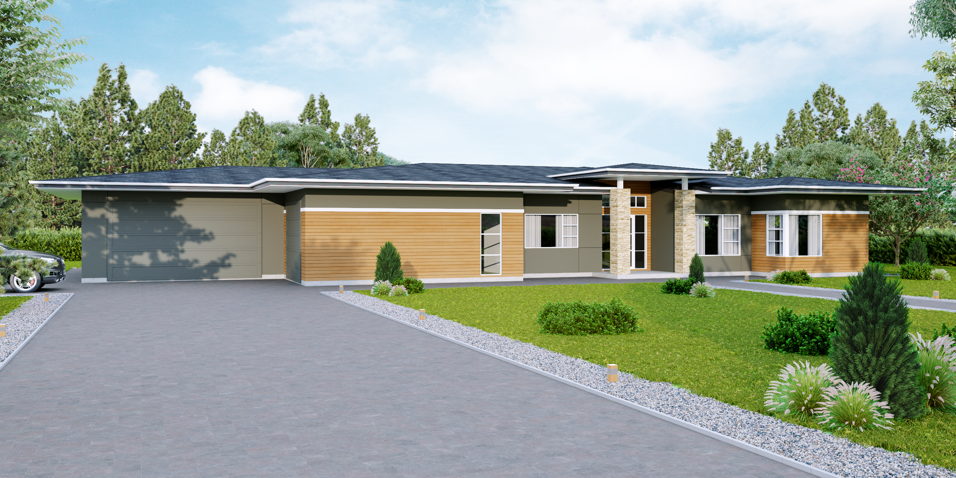 An artist 's impression of a house with a car parked in front of it.