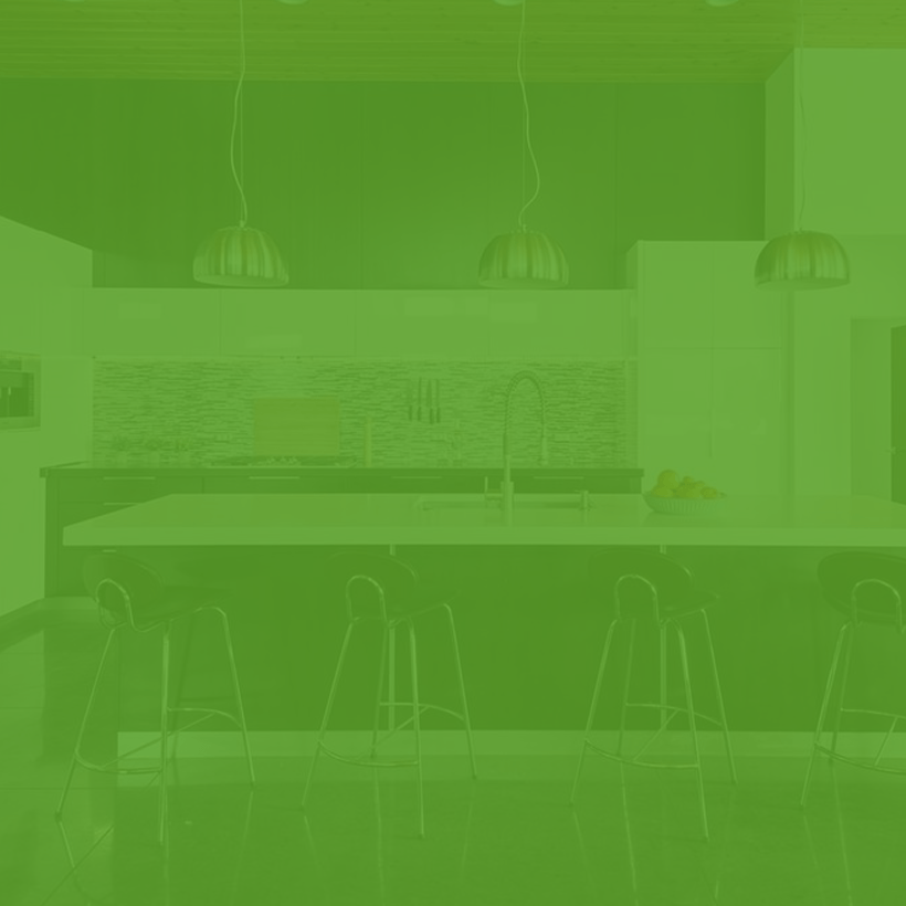 A green background of a kitchen with stools and a sink.