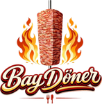 Bay Döner logo with vertical doner kebab, flames, and stylized red script text