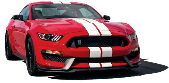 A red ford mustang with white stripes on the front is on a white background.