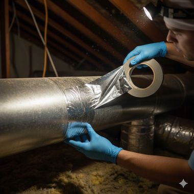 Person in blue gloves sealing ductwork with metallic tape in an attic.