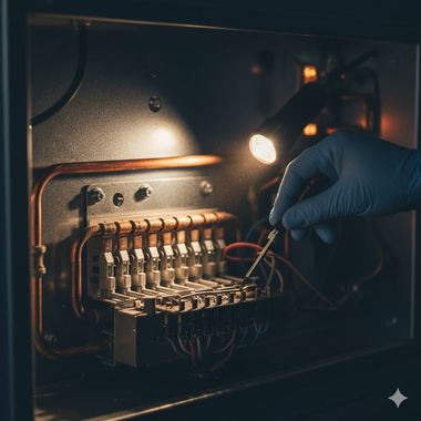 Person in blue glove inspects electrical wiring inside a metal panel with a flashlight.