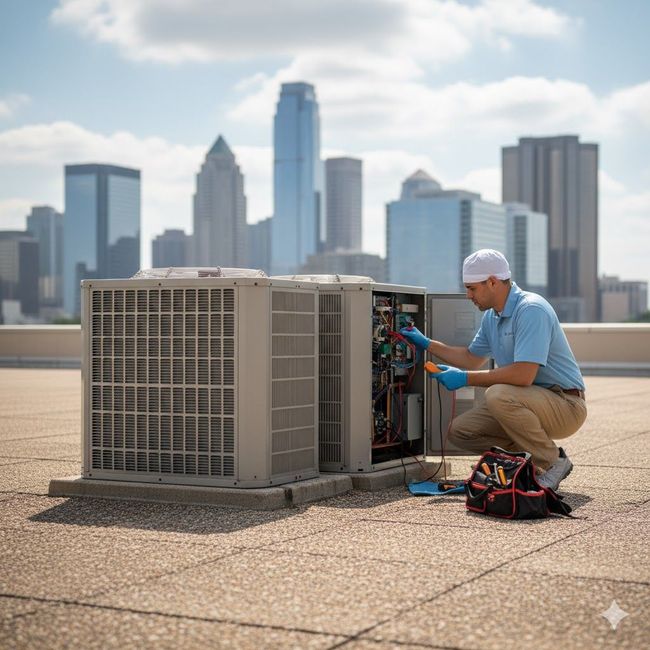 HVAC technician repairs an air conditioning unit on a rooftop, with a city skyline in the background.