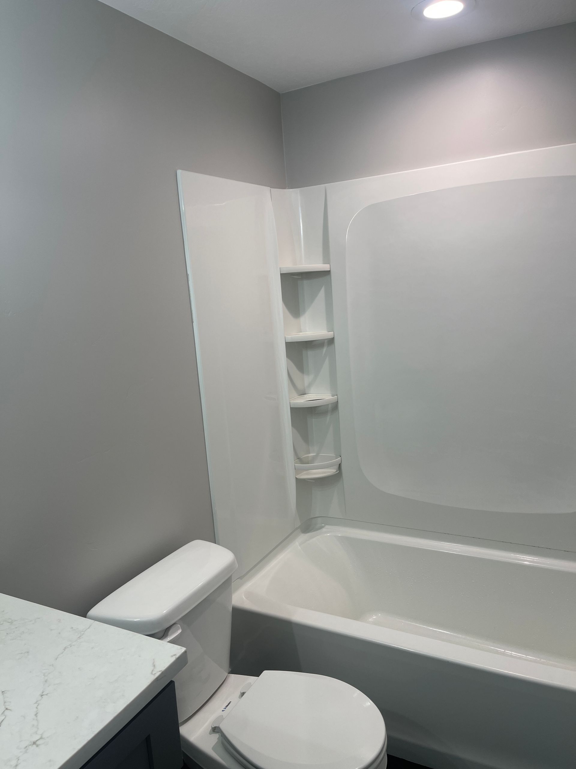 A bathroom with a toilet , tub and shower.