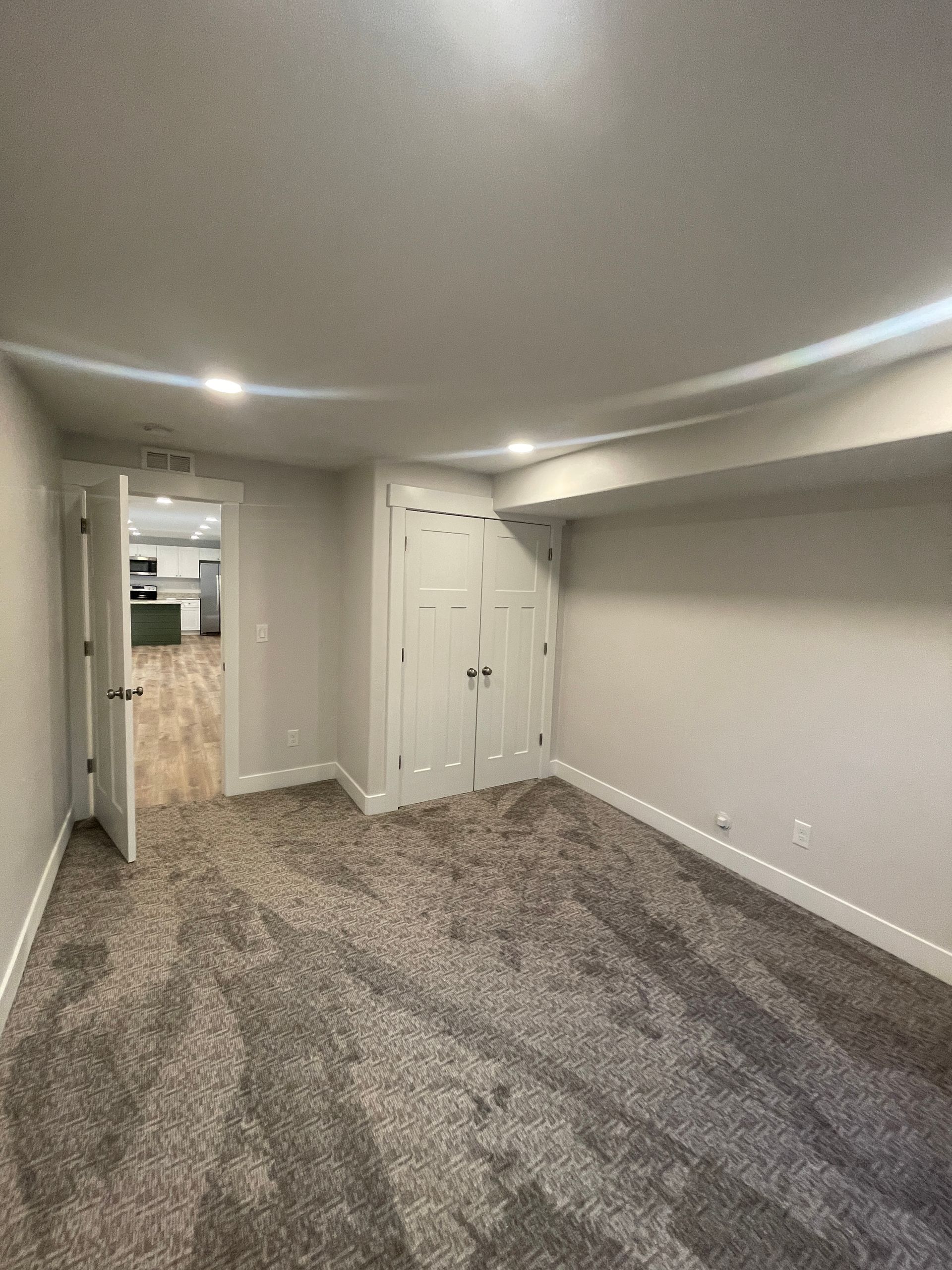 An empty basement with a carpeted floor and a closet.