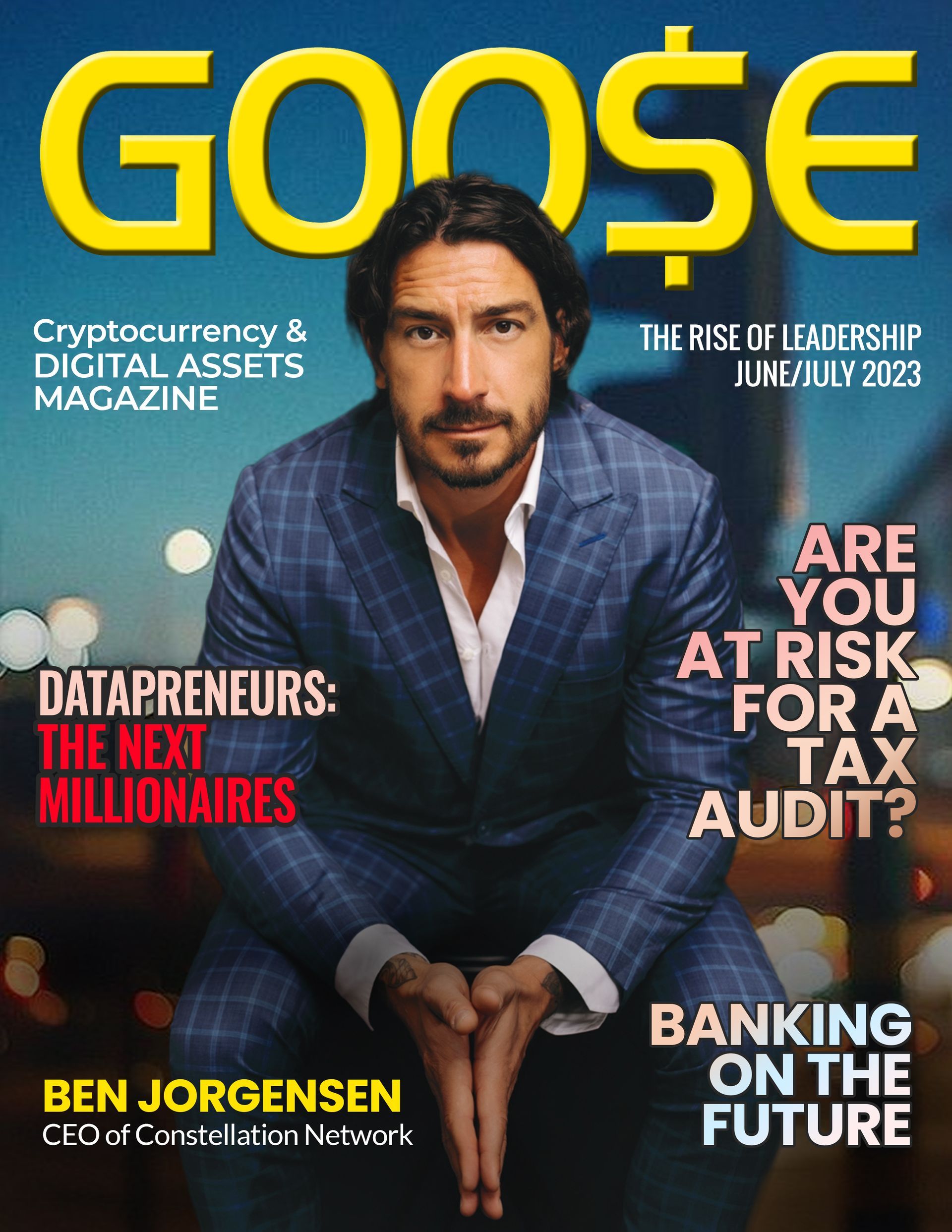 A man in a suit is on the cover of a magazine called goose.