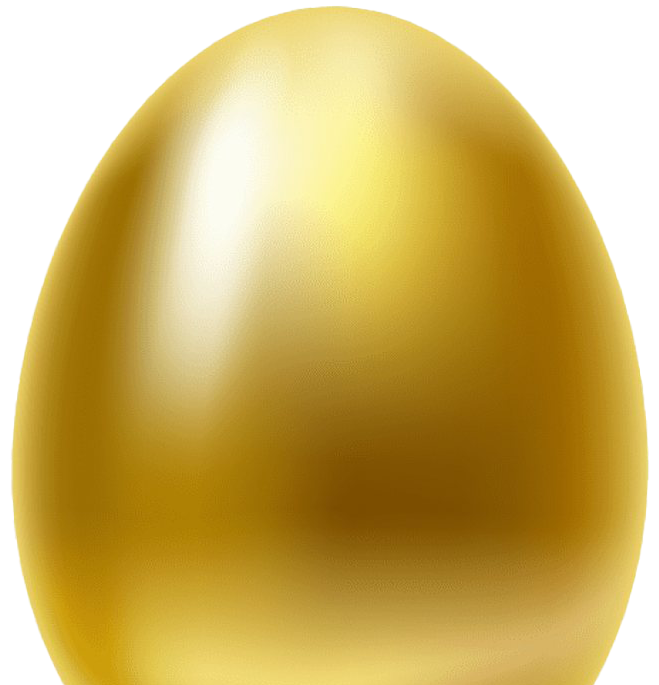 A close up of a golden egg on a white background.