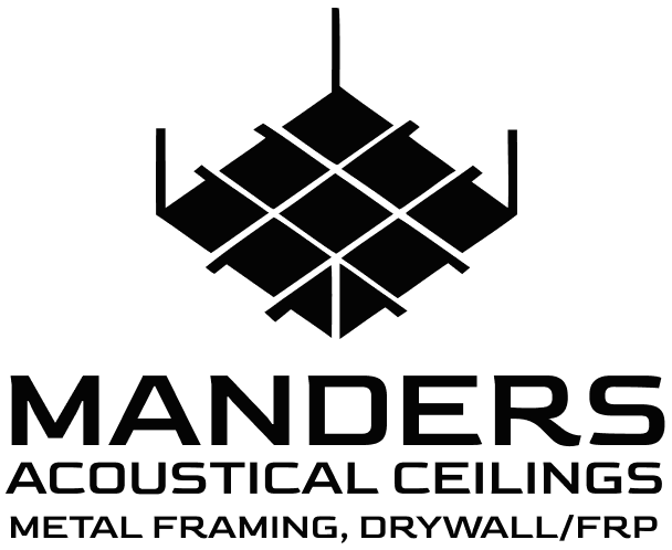 Logo for Manders Acoustical Ceilings. Black square grid design, with “MANDERS” text, plus “ACOUSTICAL CEILINGS”