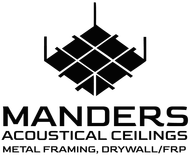 Logo for Manders Acoustical Ceilings. Black square grid design, with “MANDERS” text, plus “ACOUSTICAL CEILINGS”