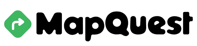 A mapquest logo with a green arrow on a white background.