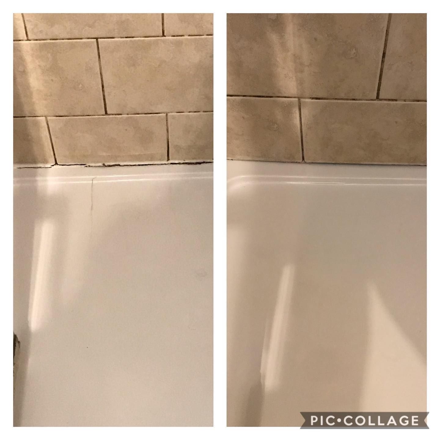 A before and after picture of a bathtub with a brick wall behind it.