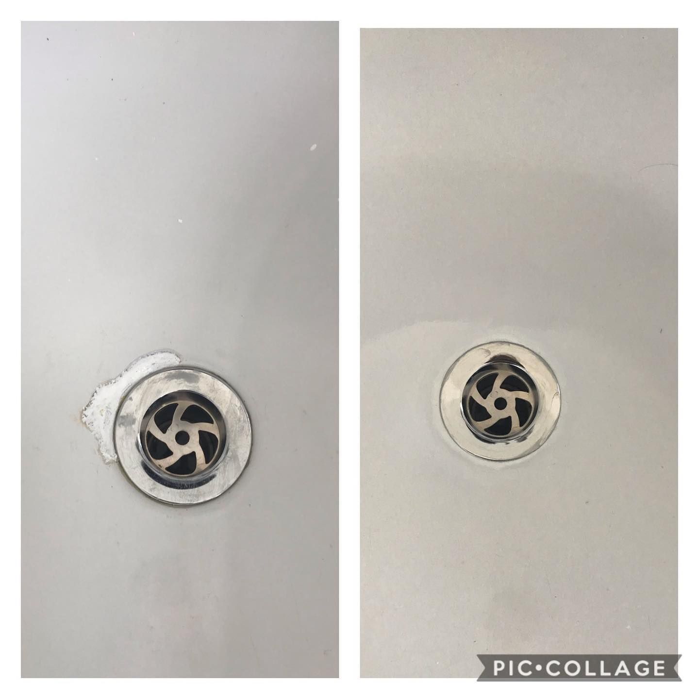 A before and after picture of a bathroom sink drain.