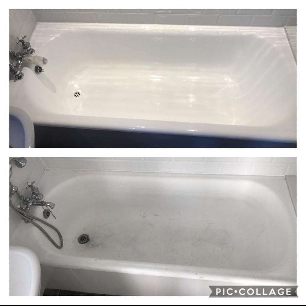 A before and after picture of a bathtub in a bathroom.