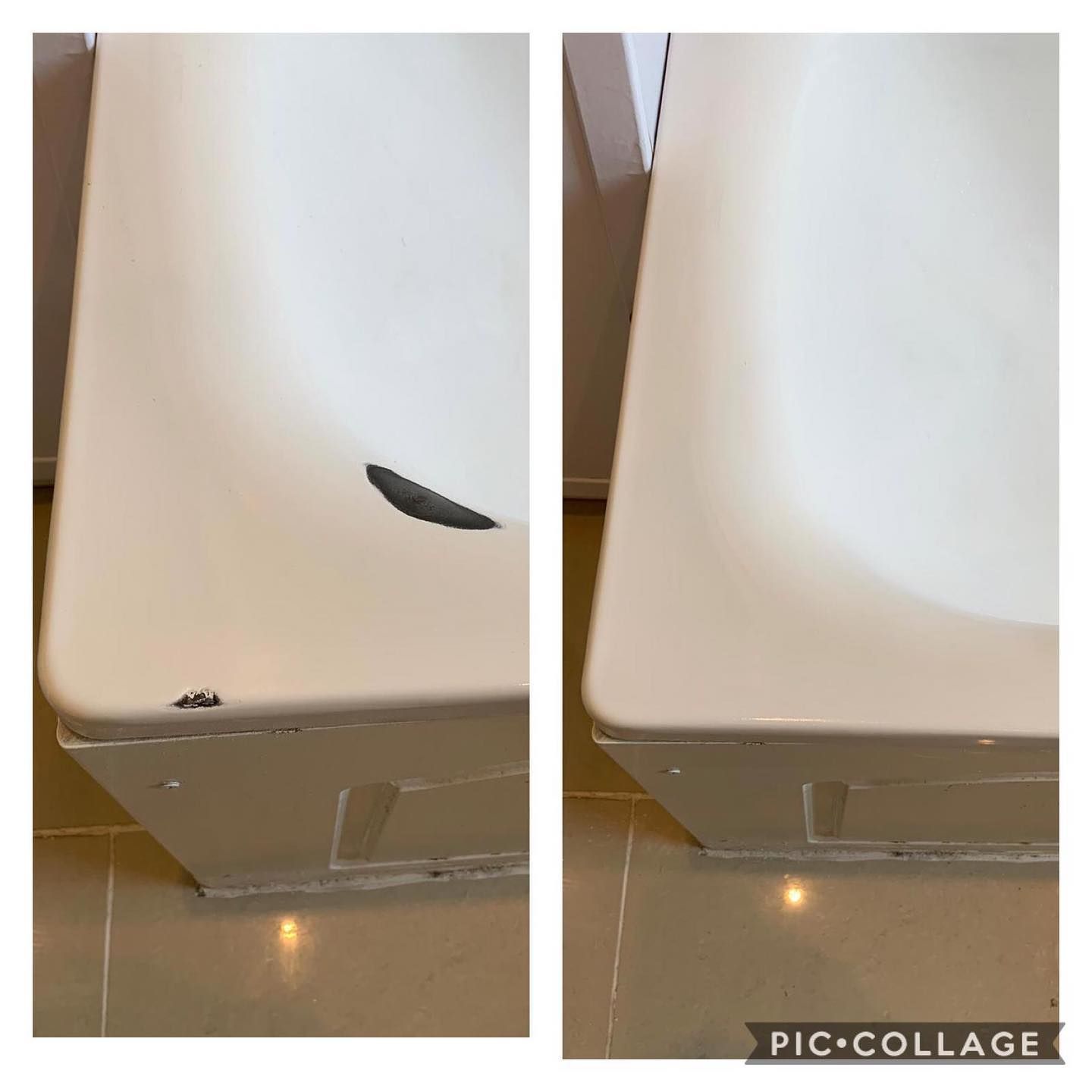 A before and after picture of a bathtub with a hole in it.