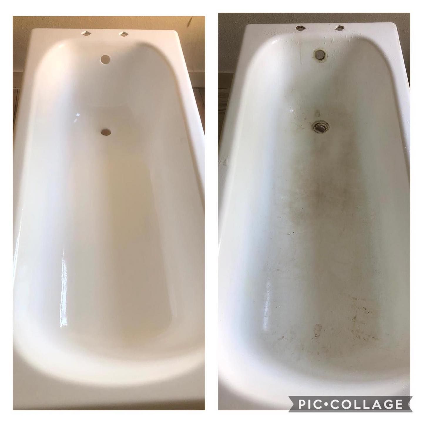 Two pictures of a bathtub before and after being cleaned.
