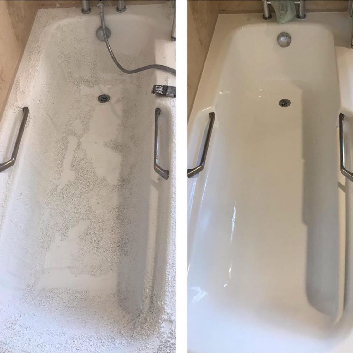 A before and after picture of a bathtub that has been cleaned.
