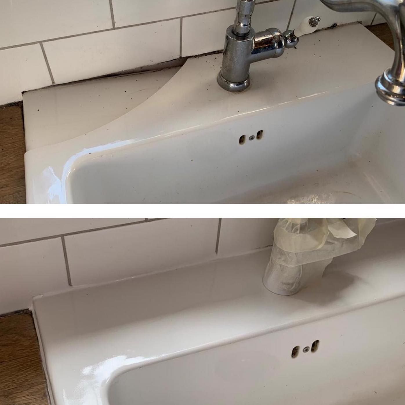A before and after picture of a bathroom sink with a faucet.