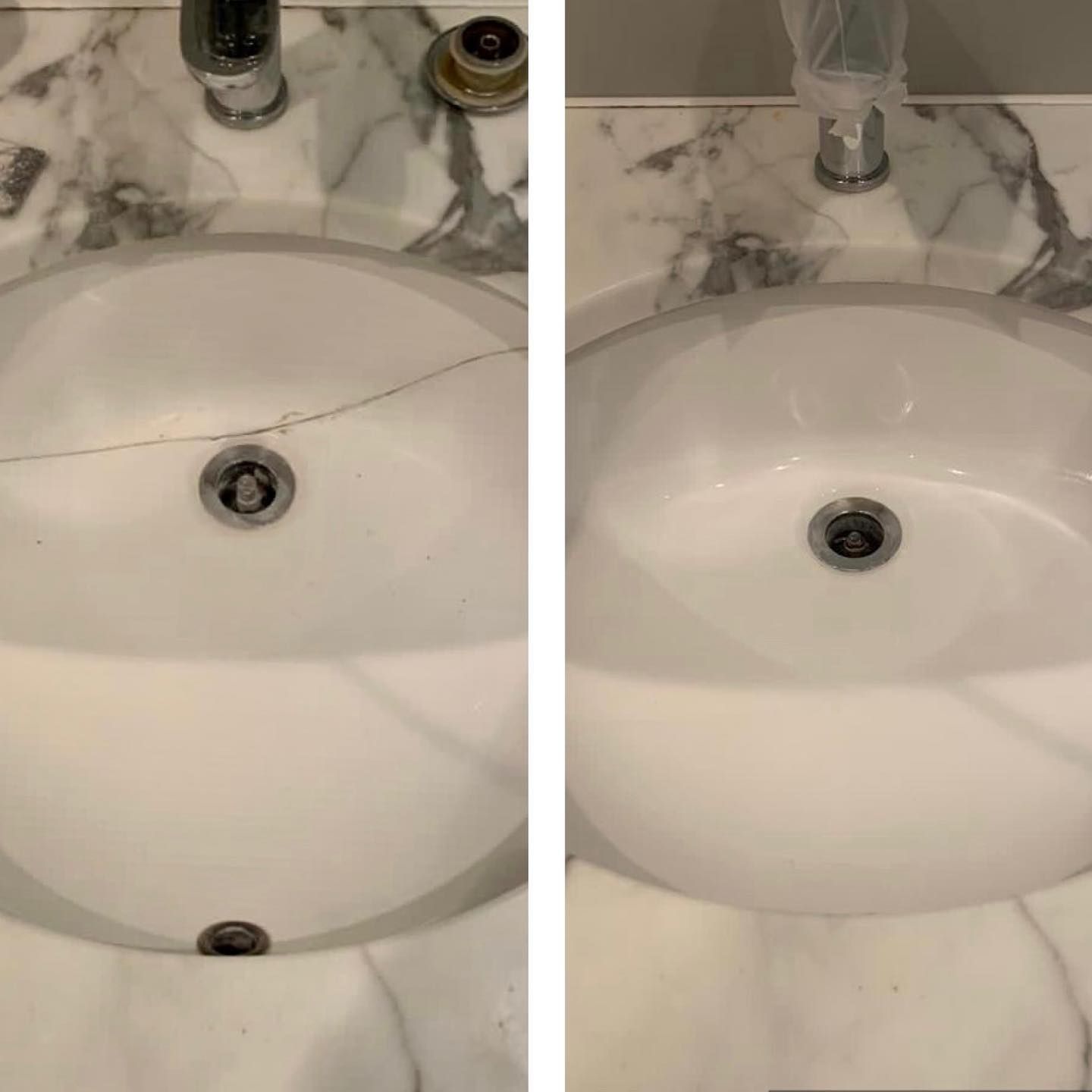 Two pictures of a bathroom sink before and after being cleaned.