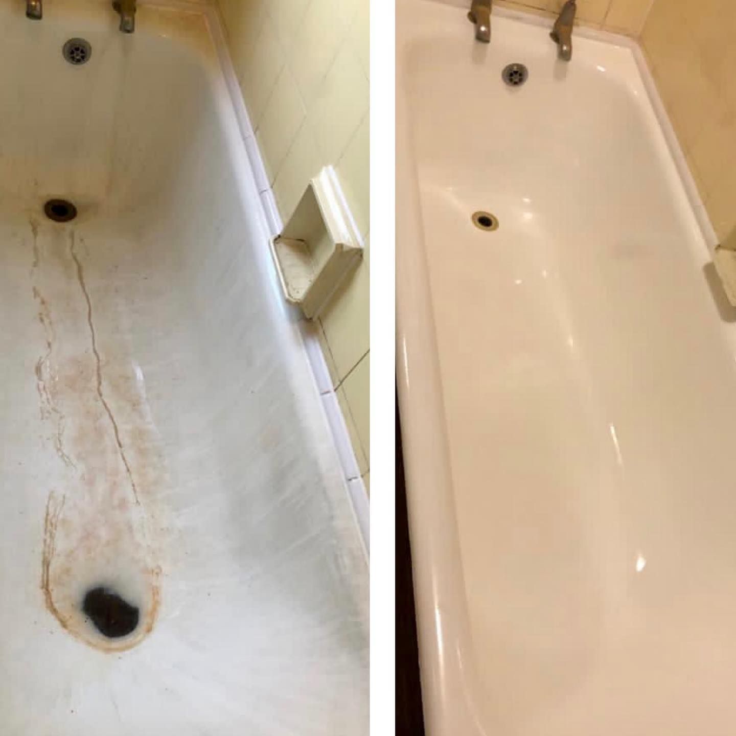 A before and after picture of a bathtub in a bathroom.