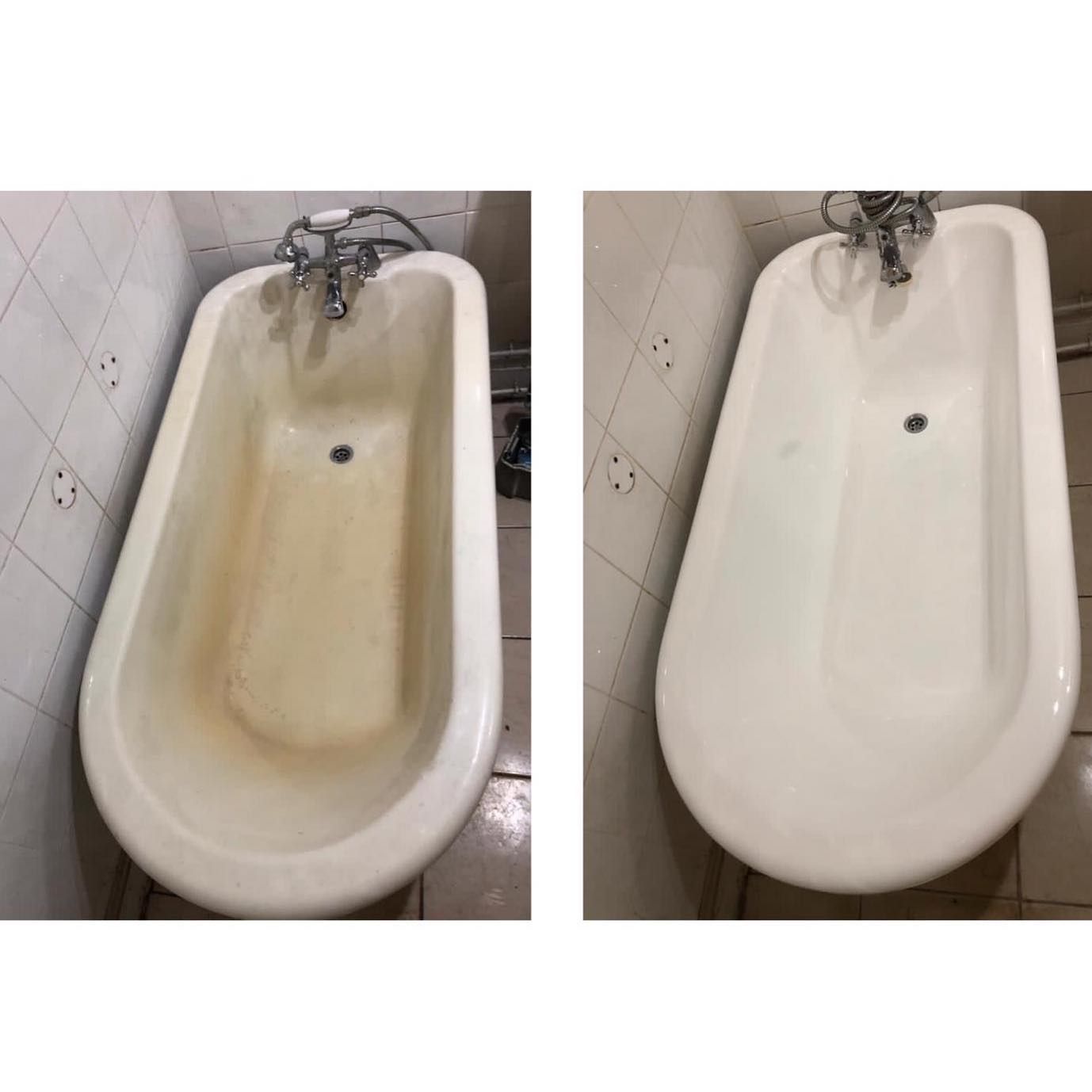 A before and after picture of a bathtub in a bathroom.