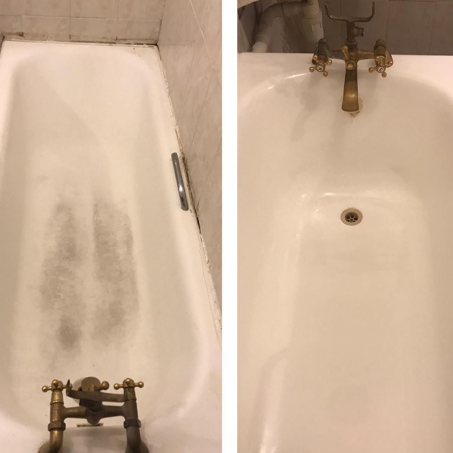 A before and after picture of a bathtub in a bathroom.