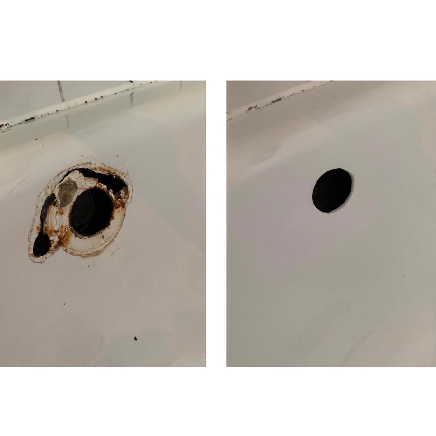 A before and after picture of a bathtub with a hole in it.
